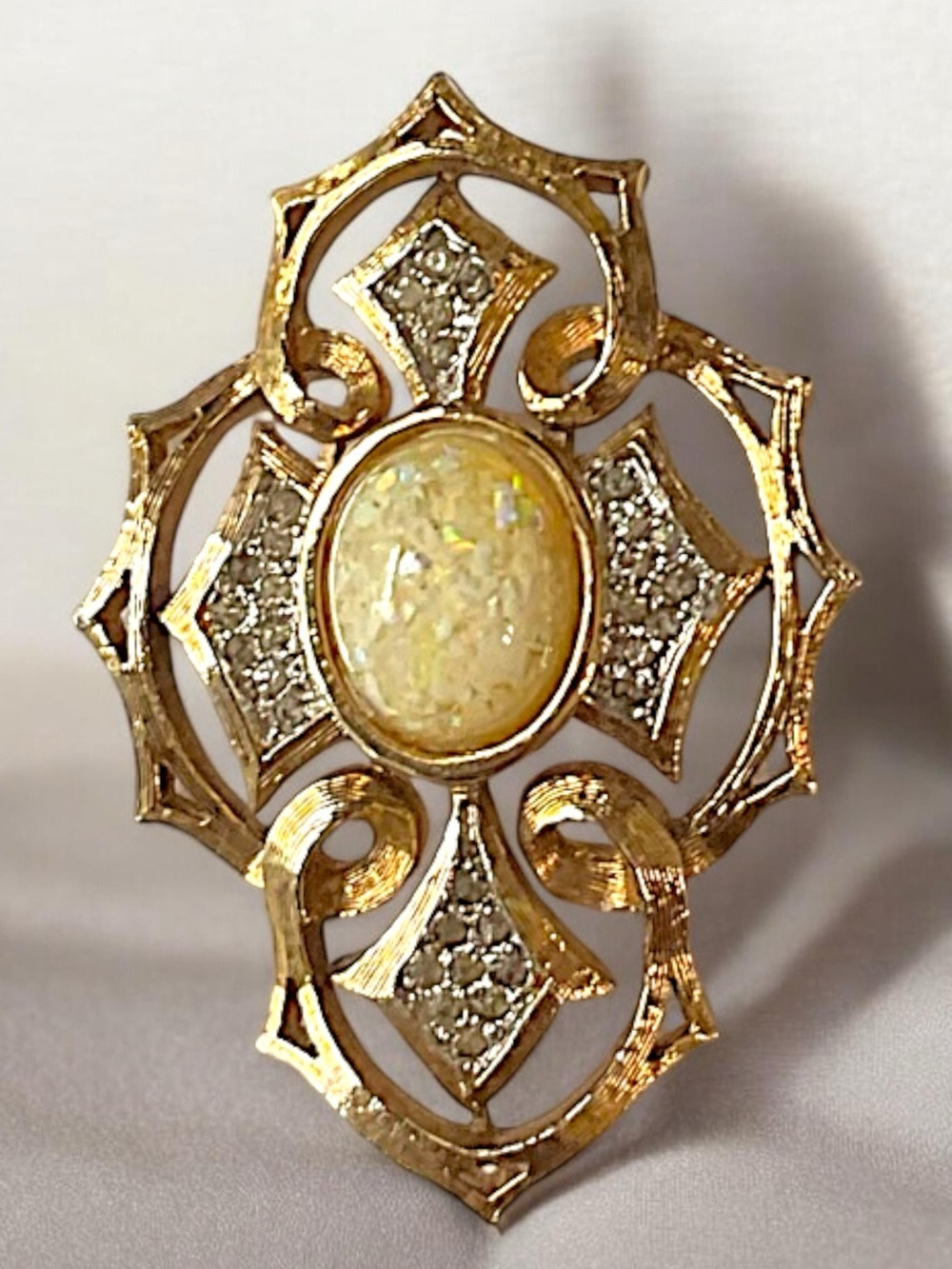 Vintage Panetta Rhinestone Faux Opal Gold Tone Brooch